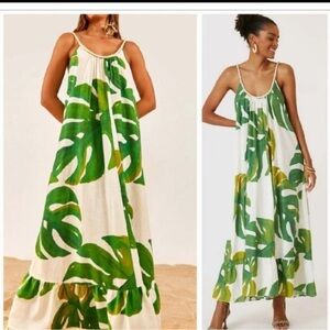 Farm Rio Tropical Green Leaf Print Maxi Dress